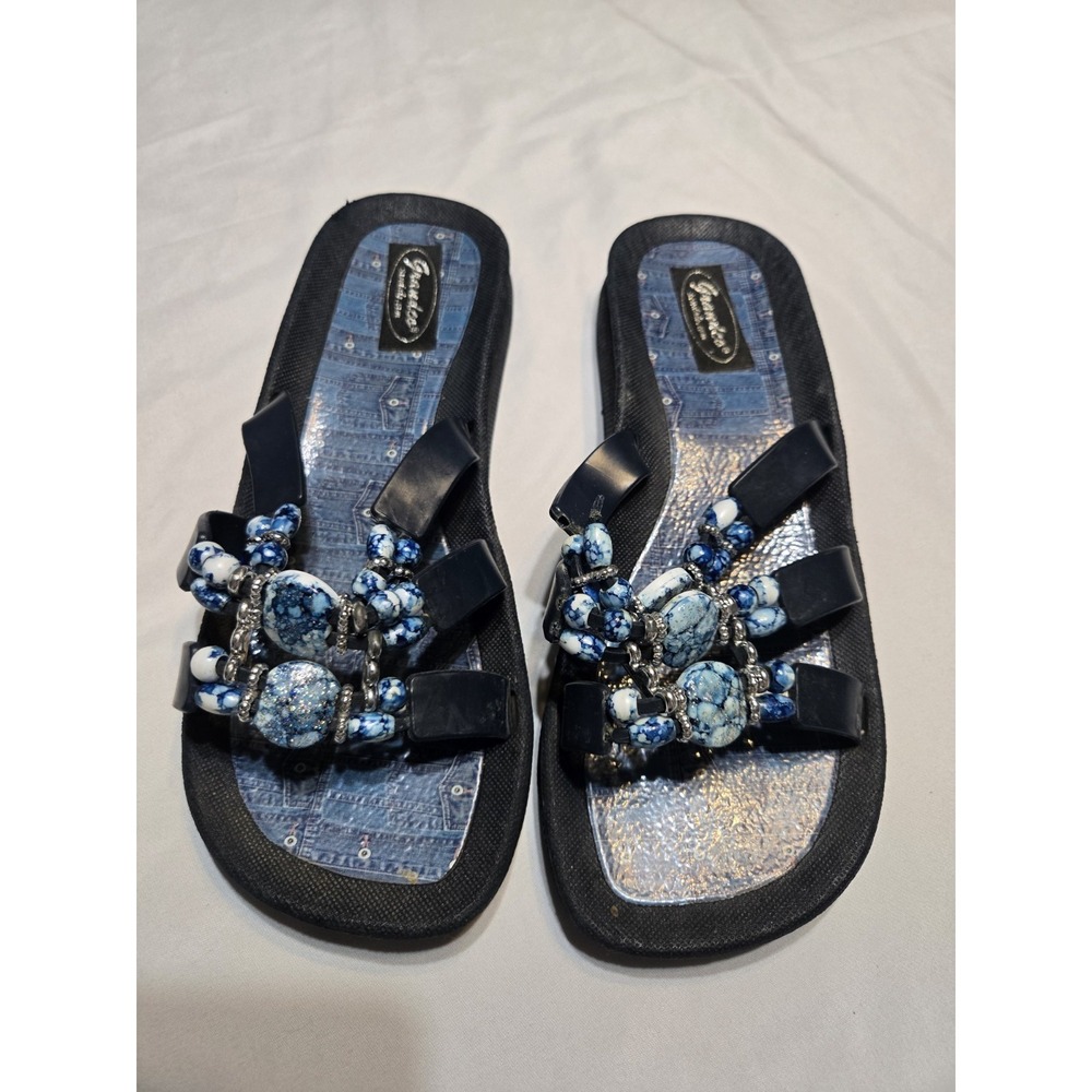 Grandco Slide Sandals‎ Black Blue Beaded Beach Vacay Denim Luxe Womens Size 8